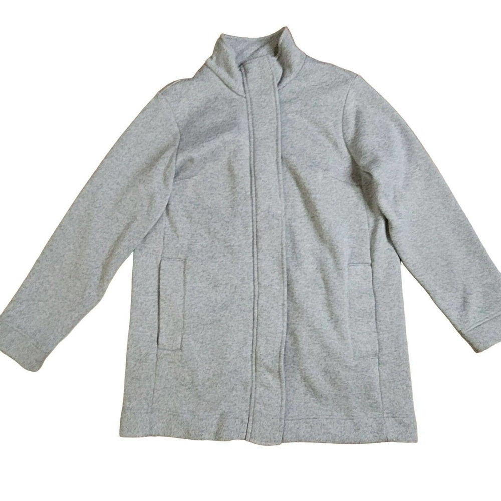 Lands End Womens Large 14-16 Gray Sweater Fleece Funnel Neck Zip Snap Coat